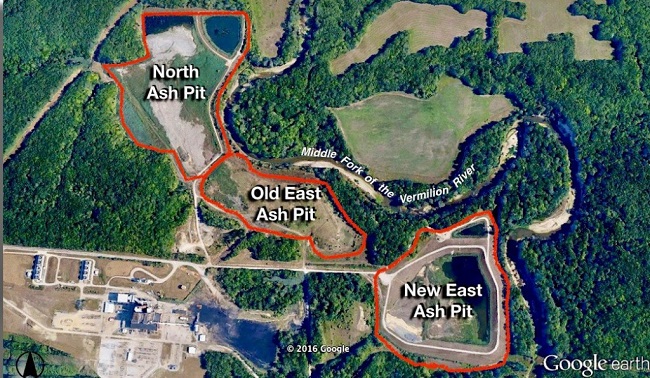 Map of Dynegy Midwest Generations ash pits along Middle fork of Vermillion River - Courtesy of Eco-Justice Collaborative