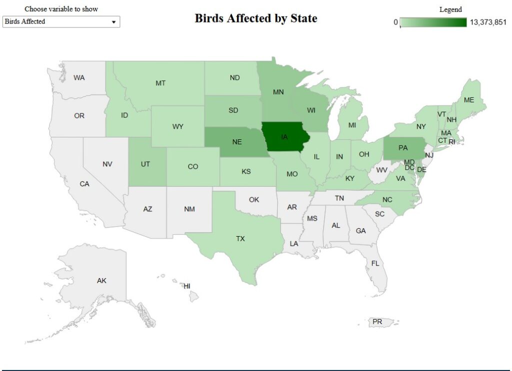 APHIS map of states affected by bird flu